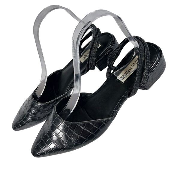 STEVE MADDEN! BLACK VEGAN LEATHER CROCO IMPRINT POINTY TOE LOW HEELS! SZ 8.5M - Picture 1 of 10